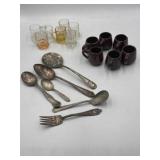 Silver plate spoons, fork, & mini stoneware and