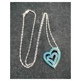 Silver green / blue stone heart pendant necklace