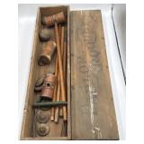 Parlor croquet in original wooden box, 3 mallets,