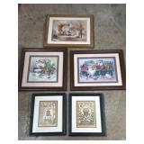 5 framed decorative prints 14 x 16 largest
