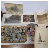 Assorted pictures and drawings, coin tray and fan