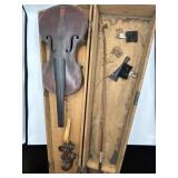 Old violin in wooden case, violin needs