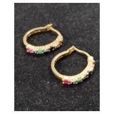 Gold tone multi color Stones hoop earrings marked