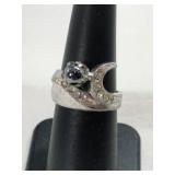 Silver clear/ black stone ring marked Sterling