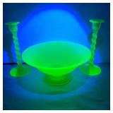 Tiffin UV yellow satin glass candle sticks 8.5in