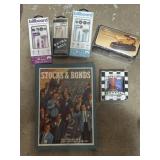 Vintage stocks and bonds game, cookie press, lint