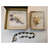 2 flower brooches ,heart bracelet