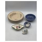 Blue sponge ware bowl, vintage stoneware plates,