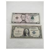 $5 and 1935 blue seal silver certificate dollar