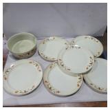 Hall baking dish 8in diameter and 6 plates couple