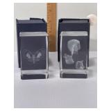 Pair of 3D laser-etched glass cube paperweights