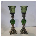 2 Hollywood regency green glass and brass candle