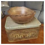 Vintage bread tin and wooden bowl.