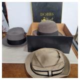 Dobbs hat with box, Stetson hat and unmarked hat