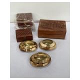 Carved wood and bone trinket boxes, India