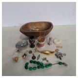 Marble egg, wood bowl, pins, and more