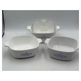 3 CorningWare casserole dishes & 1 lid Blue
