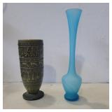 2 glass vases frosted blue swirl 11in and green