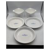 2 CorningWare 1qt sauce makers & 3 pie pans Blue