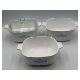 3 CorningWare casserole dishes & 1 lid, Blue