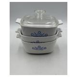 3 CorningWare casserole dishes & 1 lid Blue