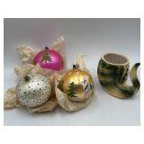 Vintage Christmas ornaments and crocodile mug