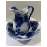 flow blue ceramic wash pitcher and basin set,