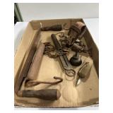 Antique draw knife, hanging scales, animal trap,
