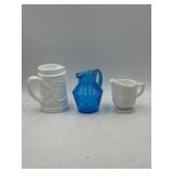 Blue small pitcher & milk glass pitchers