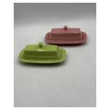 2 Fiesta covered butter dishes, green lid has