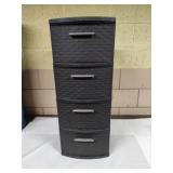Four drawer plastic Sterilite storage cabinet.