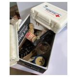 First aid kit, match books, playing cards,