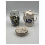 Jar of marbles, Japan coffee warmer, & nautical
