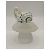clear glass frog on frosted glass mushroom