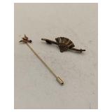 Gold tone fan brooch and bird pin