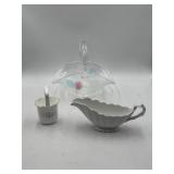 Clear glass basket, ERRCO gravy boat, Lefton bone