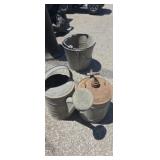Galvanized watering can, ash buckets and fuel/oil