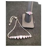 Silvertone heart bracelet matching ring size