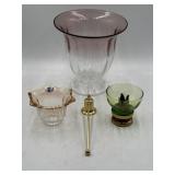 Candle snuffer, two 3" & one 8-9" glass candle