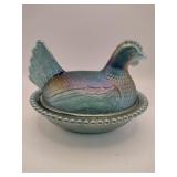 Indiana glass Iridescent blue resting hen