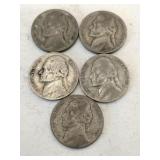 5 silver wartime nickels mixed years