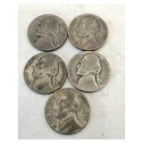 5 silver wartime nickels mixed years