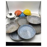 Enamelware bowls, pans, tea kettle