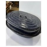 blue and white speckled enamelware oval roasting