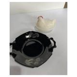 white milk glass hen on a nest and  L.E. Smith