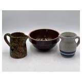 Rustic 5" stoneware pitchers and 7" mixing bowl