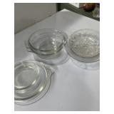 Small clear, glass, baking dishes, glass, etched