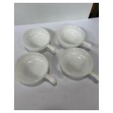 4 Glasbake milk glass handled soup bowls