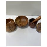 Turned wood bowls, container, and mortar pestle