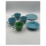 Homer Laughlin Harlequin pottery cups, bowl, and